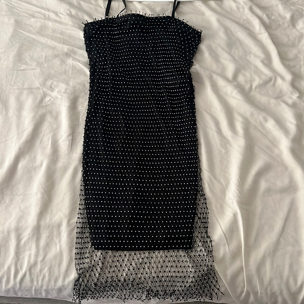 SPARKLY RHINESTONE EMBELLISHED SPAGHETTI STRAP BODYCON PARTY MINI DRESS - Large